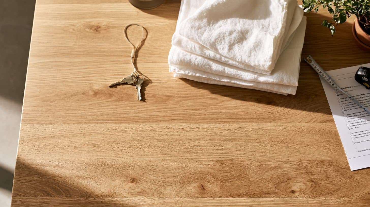 Apartment keys, folded linens and a setup checklist laid out on an oak table
