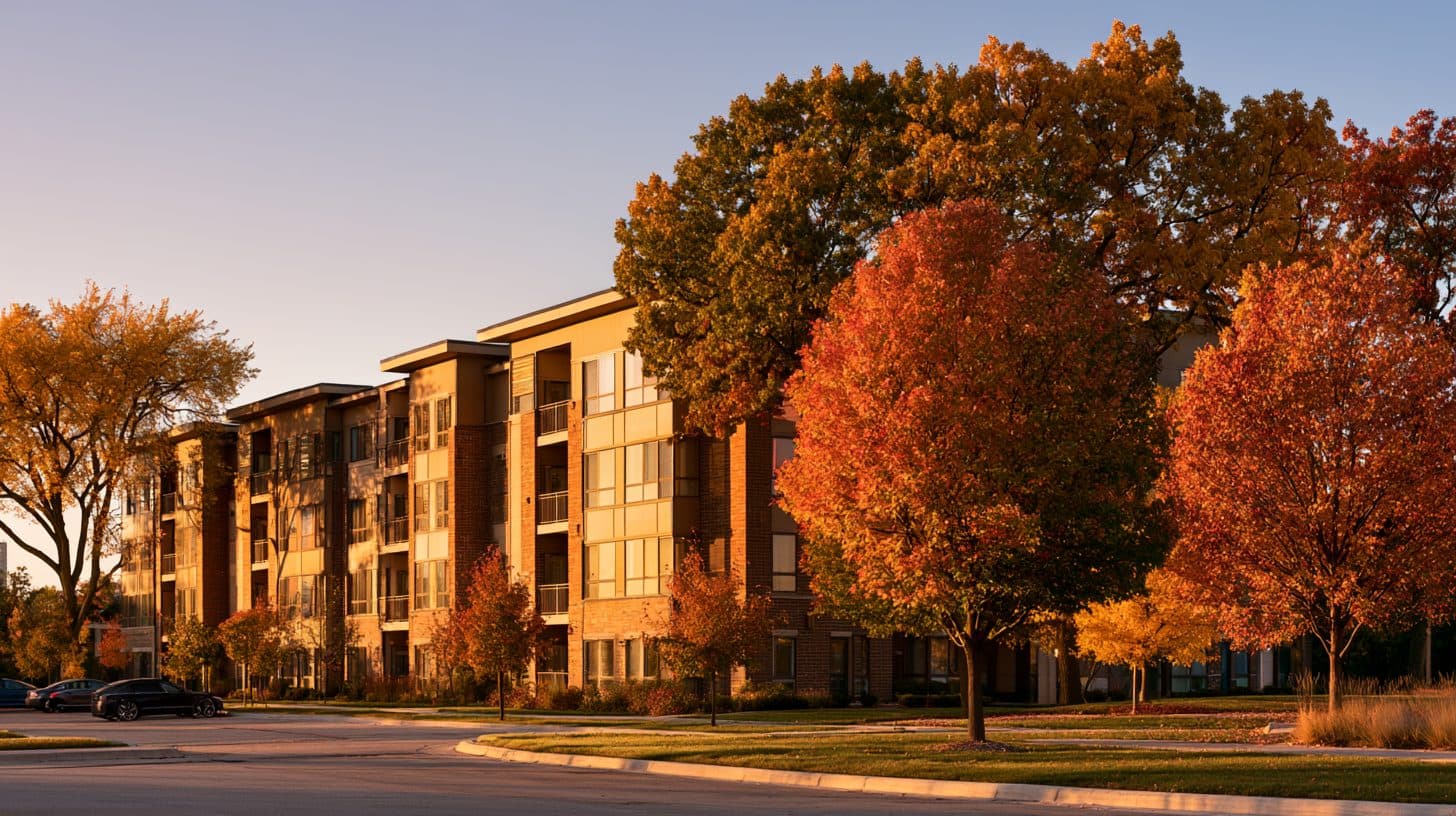 A midwestern mid-rise apartment building among autumn trees at golden hour