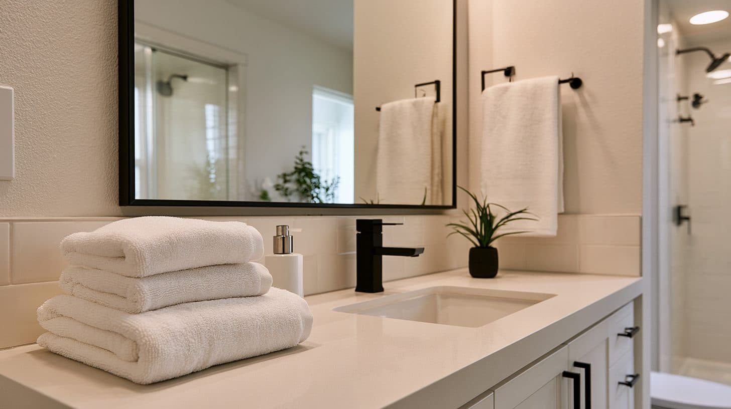 A bathroom after a service visit, with folded towels and a streak-free mirror