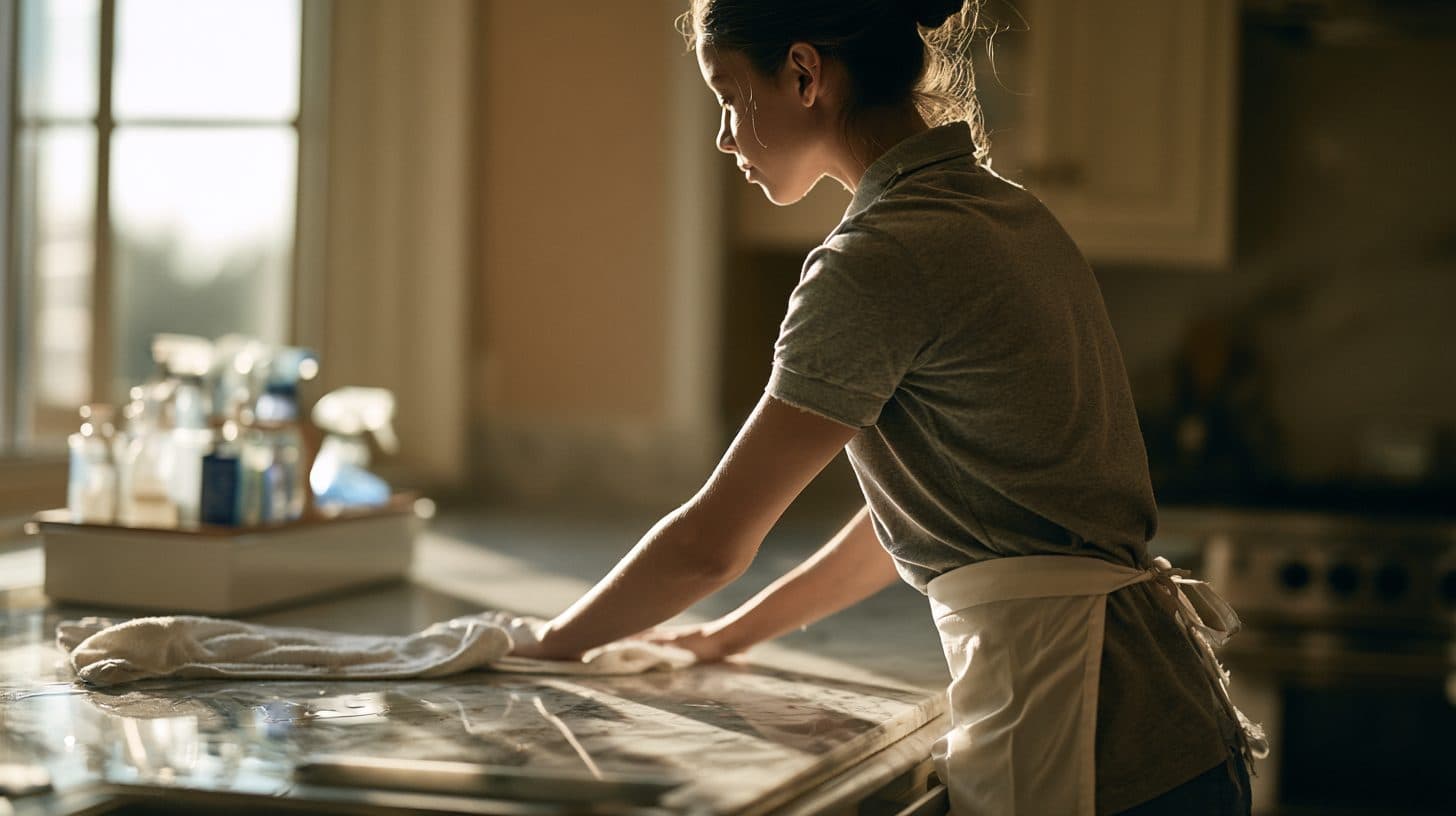 A cleaner wiping down a kitchen counter beside a caddy of supplies