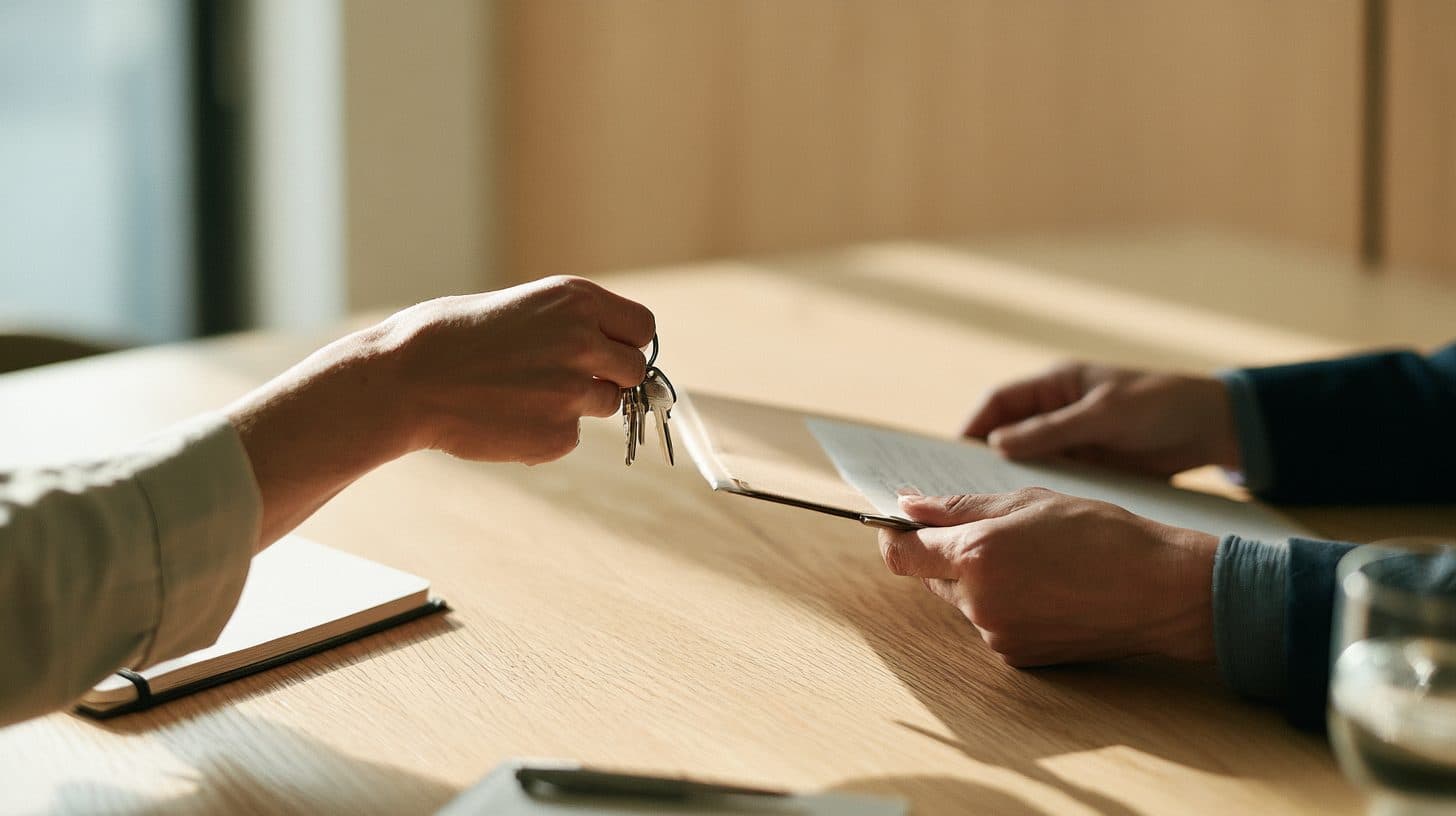 Keys and a lease folder passed across a table at a move-in handover