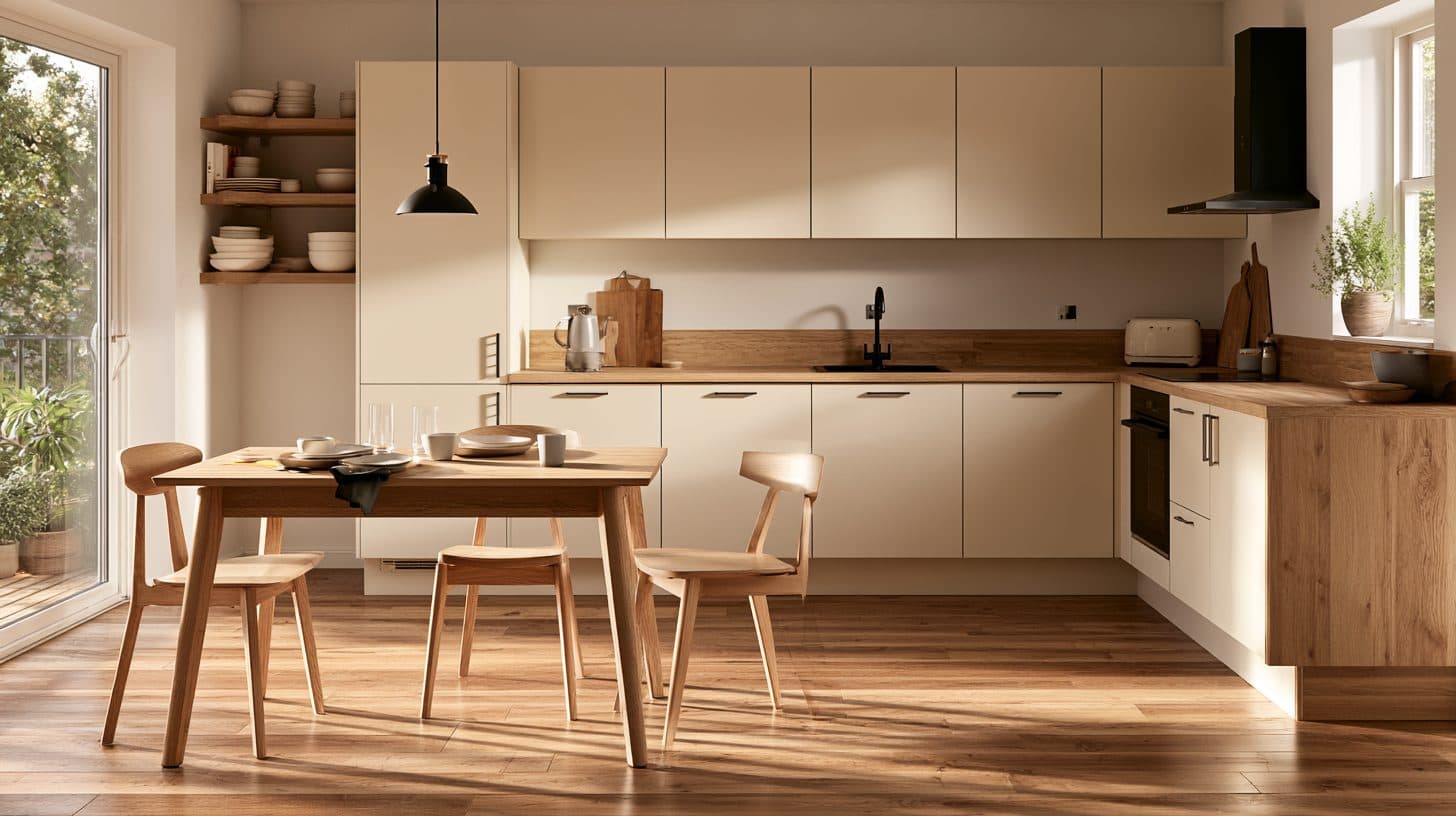 A furnished apartment kitchen with a set dining table and stocked shelves